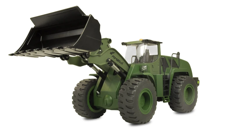 Amewi 22534 Wheel Loader G485E ME Military 1:14, Partial Metal, Sound, Light, Strobe Beacon, 10 Channel, with Quick Coupler and Pallet Fork, RTR Olive Green