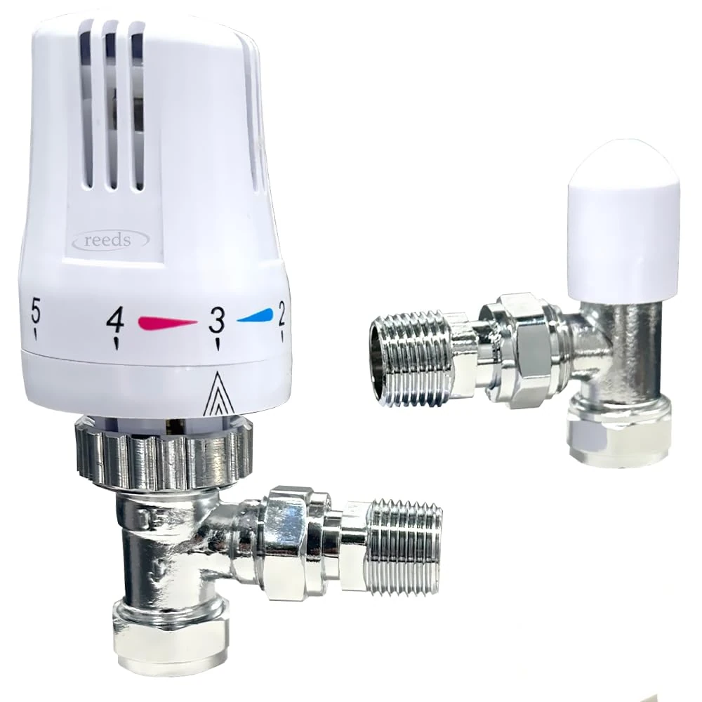 Reeds Thermostatic Radiator Valve TRV with Lockshield White Chrome 15mm x 1/2 inch