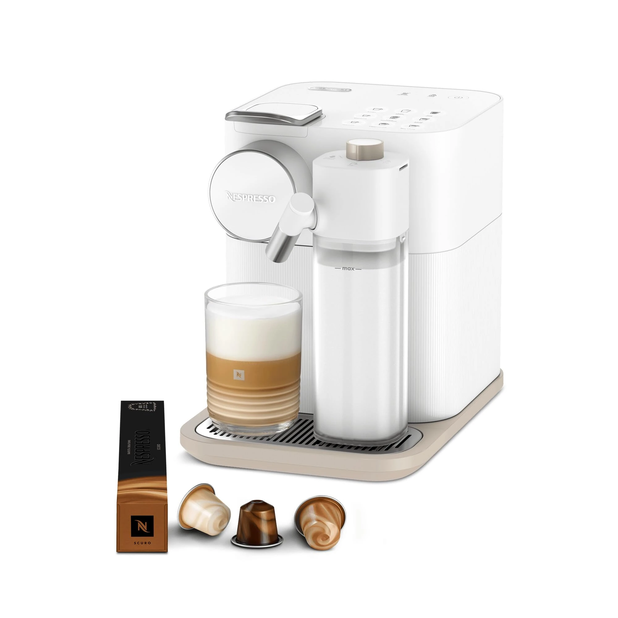 Nespresso Gran Lattissima Coffee Machine by De'Longhi for Original Coffee Pods, Latte, Cappuccino, Integrated Milk Frother, Starter Capsule Set Included, EN640.W, White