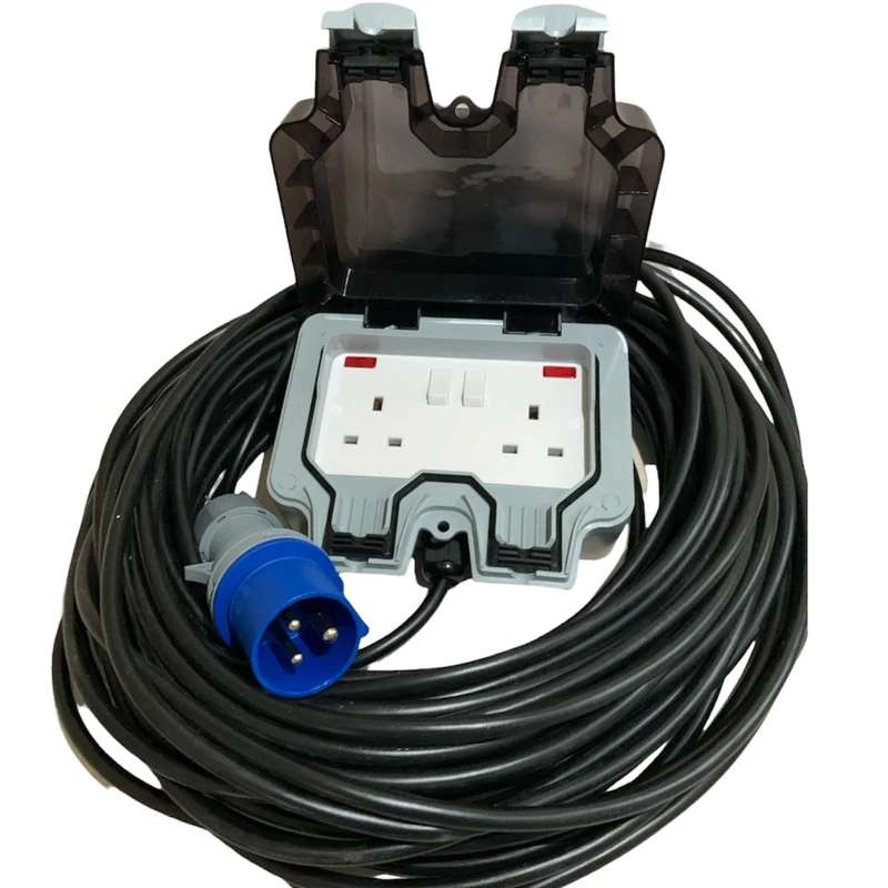 2G 2 Gang IP66 16A Camping Caravan Motor Home Weatherproof 20M Outdoor Extension Lead Waterproof Double 13A Socket Black Portable Mains Power 20 Metre