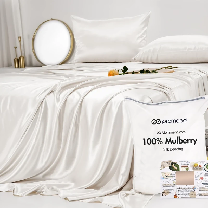 PROMEED 23 Momme Mulberry White Silk Sheets Queen Set 4pcs, 100% Grade 6A+ Silk Bed Sheets Set with Cooling Sheets and Pillowcases (White, Queen)
