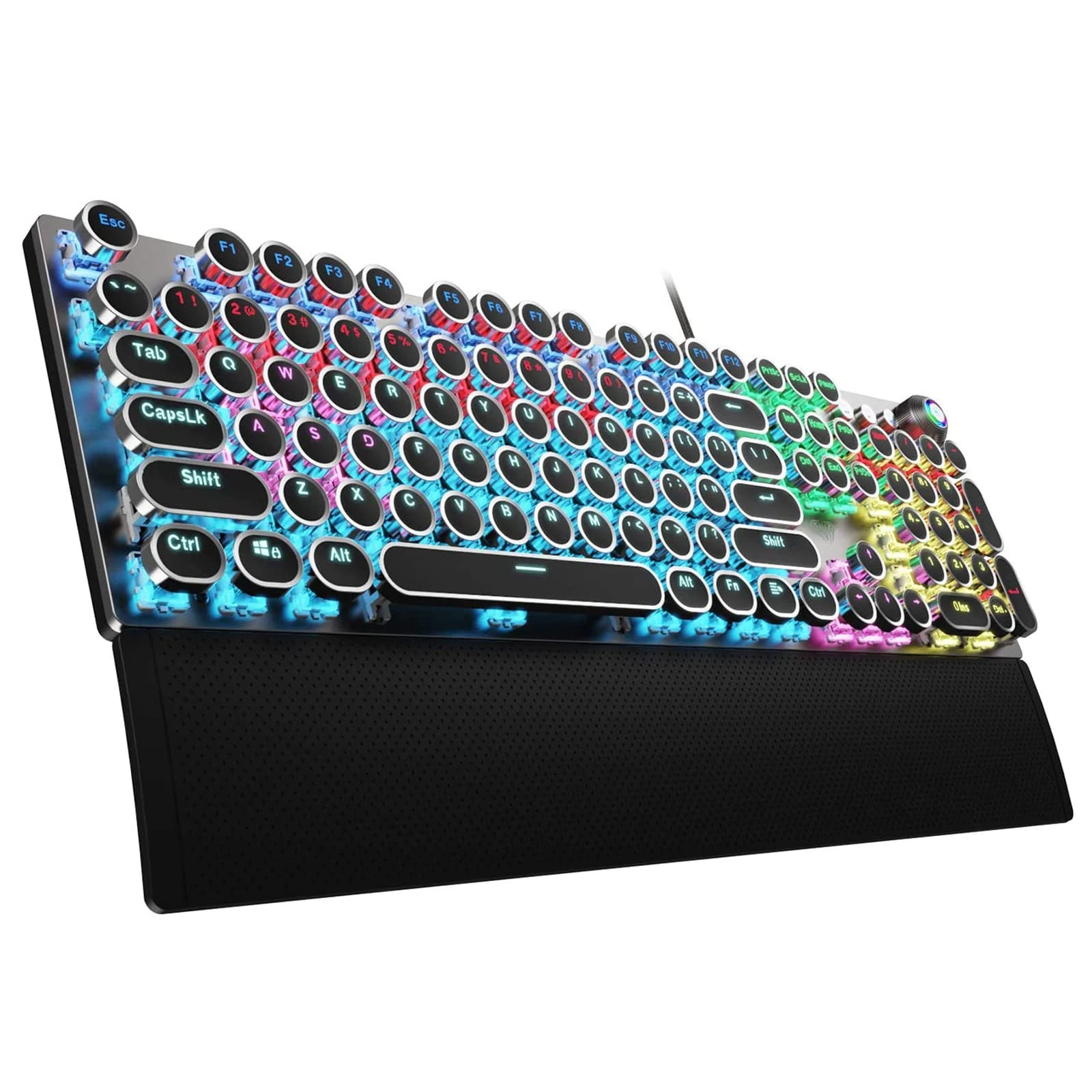 AULA F2088 Typewriter Style Mechanical Gaming Keyboard Blue Switch, with Removable Wrist Rest, Media Control Knob, Rainbow Backlit, Retro Punk Round Keycaps, 108 Keys Wired Computer Keyboard, Black