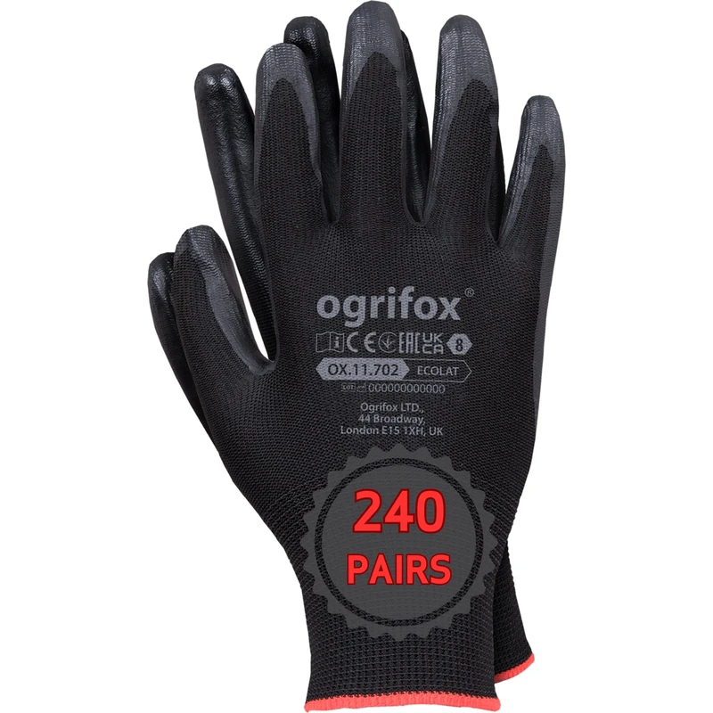 Ogrifox OX-ECOLAT Latex Gloves, Protective Gloves, Work Gloves, Gardening Gloves OX.11.702, Black, Size 7, 240 pairs