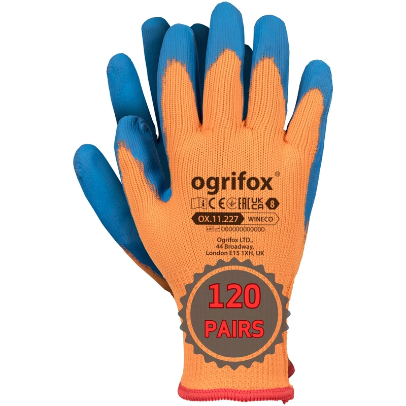 Ogrifox OX-WINECO Latex Gloves, Protective Gloves, Work Gloves, Gardening Gloves OX.11.227, Orange-Blue, Size 9, 120 pairs