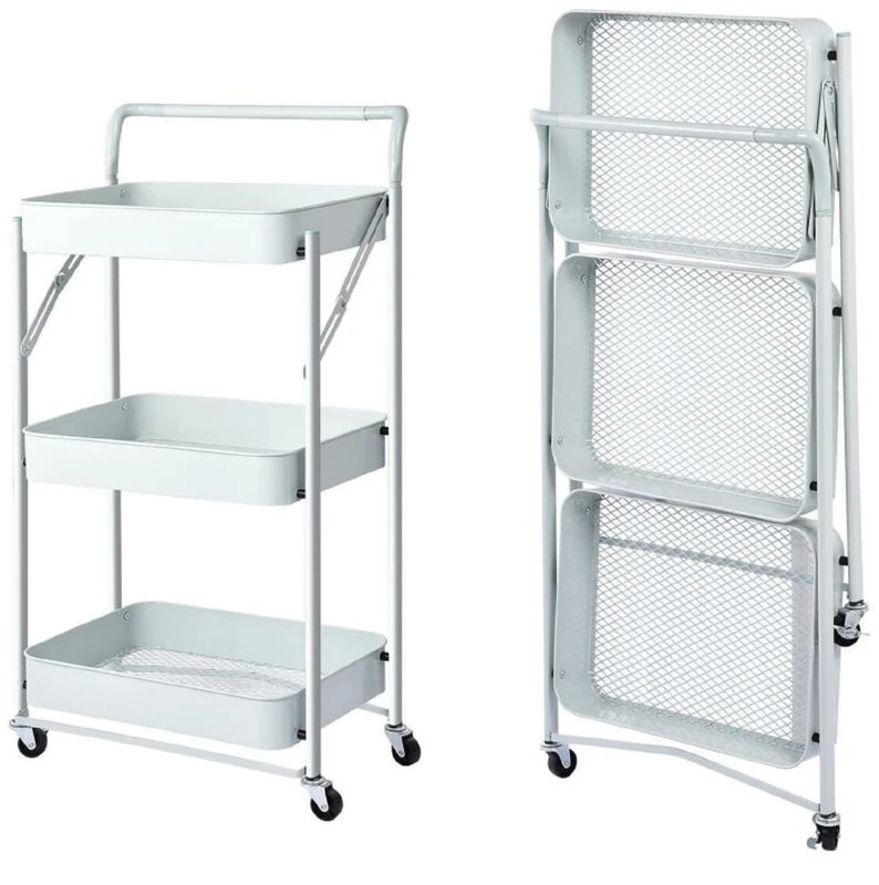 Multi-Purpose Folding Kitchen Trolley with Handle 3 Shelves Baskets 4 Swivel Wheels and Integrated Metal Brake Space-Saving Serving Trolley White