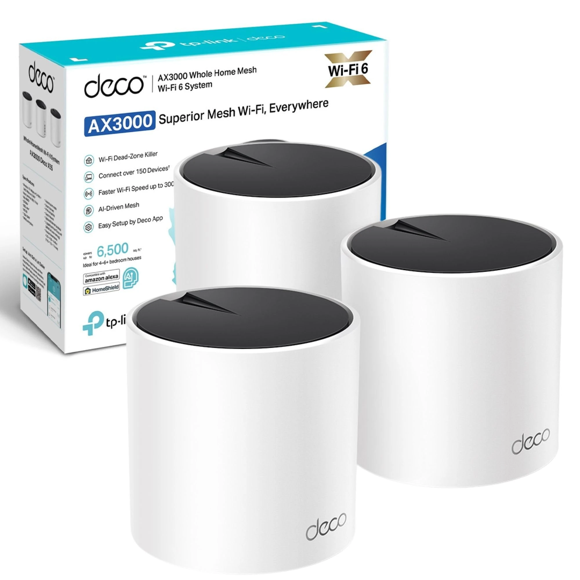TP-Link Deco X55(3-pack) AX3000Mbps AI-Driven Whole Home Mesh WiFi 6 System, 3x Gigabit Ports, WiFi Booster Coverage up to 6,500 ft2, Connect up to 150 devices, HomeShield Security
