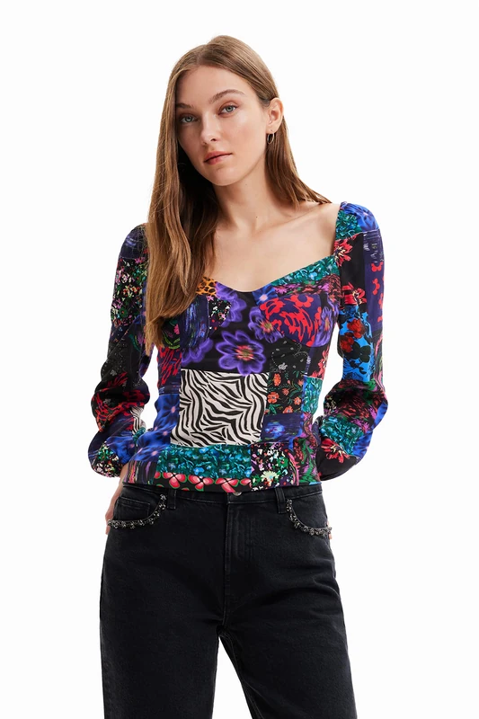 Desigual Women's Blus_Patch Flowers 2000 Black Blouse, M
