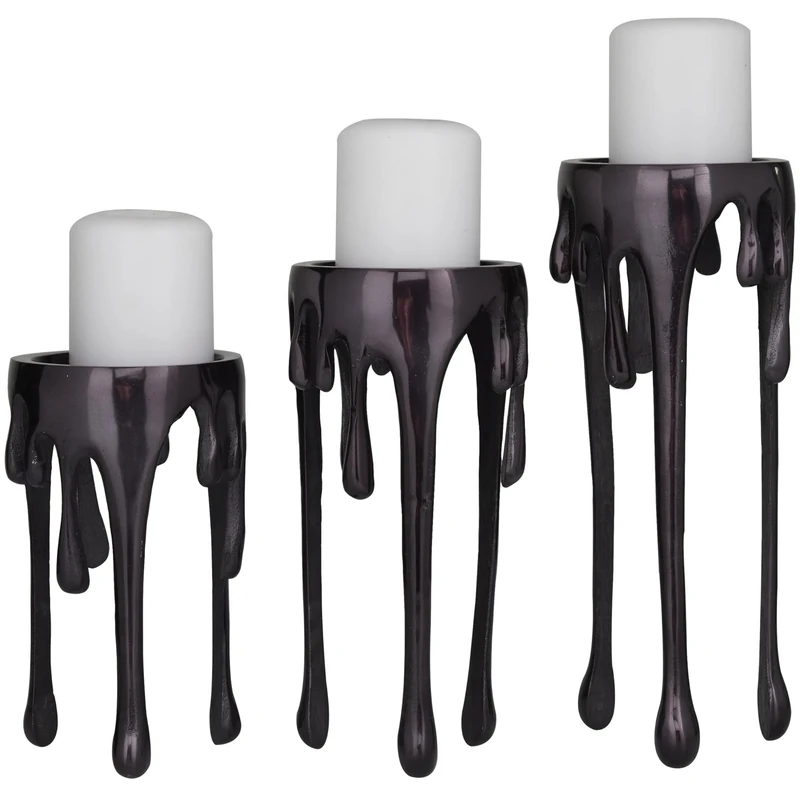 Deco 79 Aluminum With Tripod Legs Candle Holder with Dripping Melting Designed Legs, Set of 3 12", 10", 8"H, Black