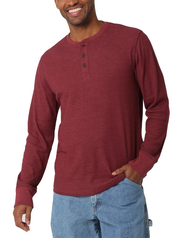 Wrangler Authentics Men's Long Sleeve Waffle Henley Shirt, Cabernet, 3XL