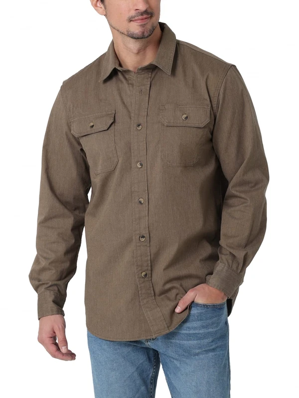 Wrangler Authentics Men's Long Sleeve Classic Woven Shirt, Teak Heather, XL
