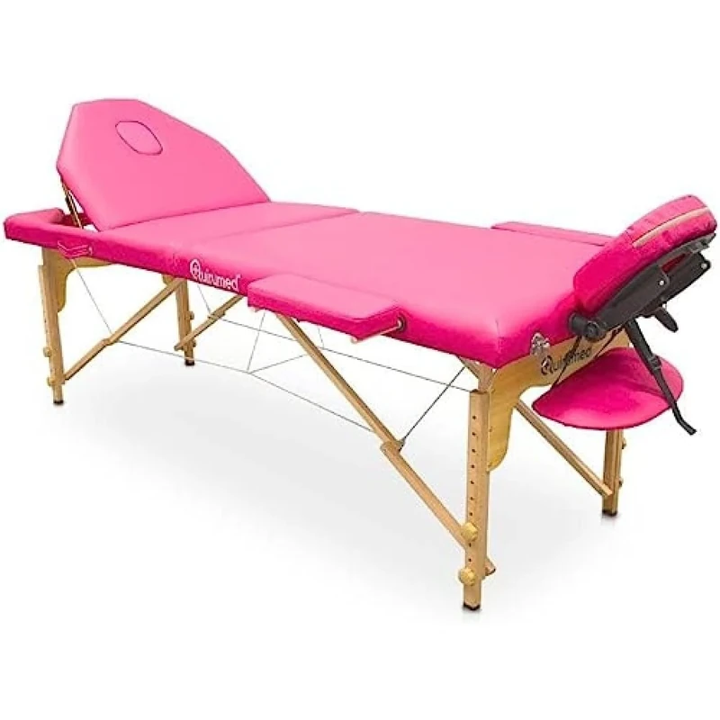 Quirumed Folding Wooden Massage Table 186 x 66 cm with Backrest, Pink, Facial Hole, Facial Plug, Removable Head, Carrying Backpack, Up to 140 kg