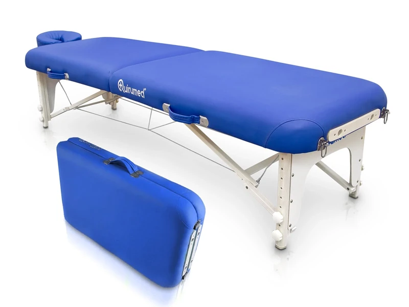 QUIRUMED Shiatsu Folding Table, Wood, 211 x 60 cm, Blue, Leatherette, Height Adjustable, Removable Head, Reinforced Structure, Up to 185 kg