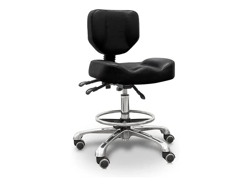 Quirumed Hydraulic Stool with Backrest, Reclining Seat and Footrest, Black, Upholstered in Leatherette, Chrome-plated Steel, Anti-slip, Ergonomic