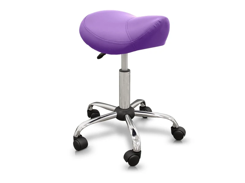 QUIRUMED Ergonomic Pony Stool with Steel Base, Purple, Upholstered in Leatherette, Adjustable Height, Padded Seat, Swivel Wheels, Up to 150 kg