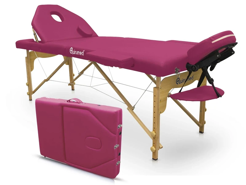 Quirumed Elite Folding Wooden Massage Table, Colour Pink, 194 x 70 cm, Leatherette, Portable, Foldable backrest, Removable headrest, Face hole, Height adjustable, Up to 150 kg