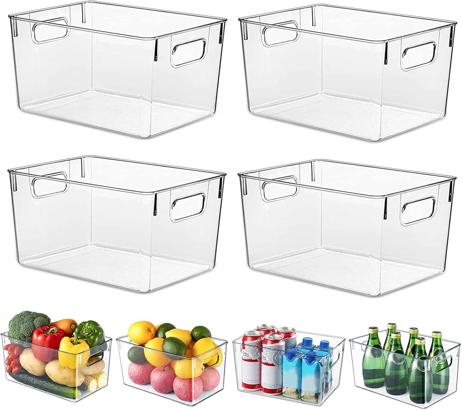 HPYLIF·H Fridge Organiser, Clear Pantry Organizer Bins, Food Storage Basket for Kitchen, Countertops, Cabinets, Refrigerator, Freezer, Bedrooms (4 Pack, L(29x19x15CM))