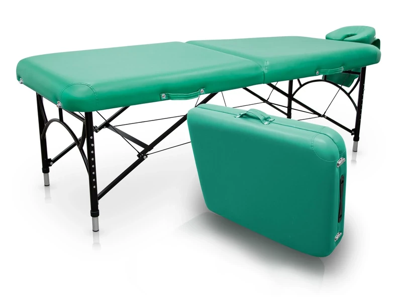 QUIRUMED Easy Force Aluminium Folding Massage Table, Green, Massage Table, Leatherette, High Density Filling, Height Adjustable, Lightweight, up to 210 kg