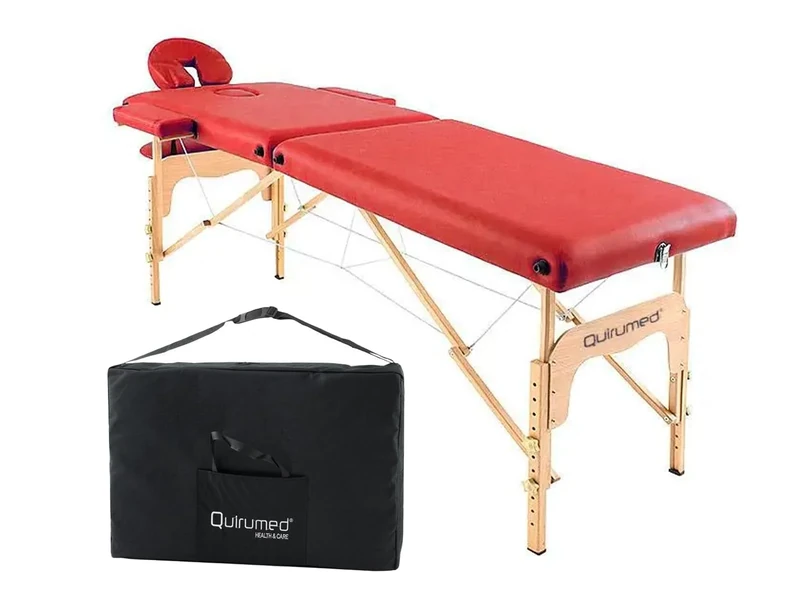 Quirumed Easy Wooden Folding Massage Table, Red Color, 186 x 66 cm, Massage Table, Physiotherapy Massage, Leatherette, Articulated Head, Adjustable Height, 2 bodies