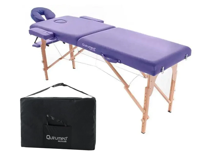 QUIRUMED Folding Easy Wooden Massage Table, Purple, 194 x 70 cm, Massage Table, Physiotherapy Massage, Leatherette, Articulated Head, Adjustable Height, 2 Bodies, Up to 150 kg