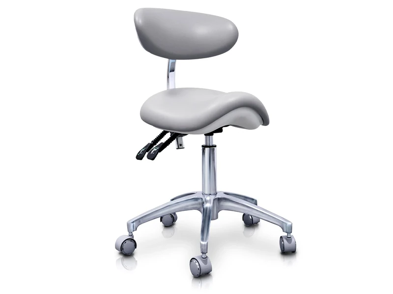 QUIRUMED Pony Elite Hydraulic Stool Silver Multidisciplinary Stainless Steel Faux Leather Ergonomic Backrest PU Padding Height Adjustable