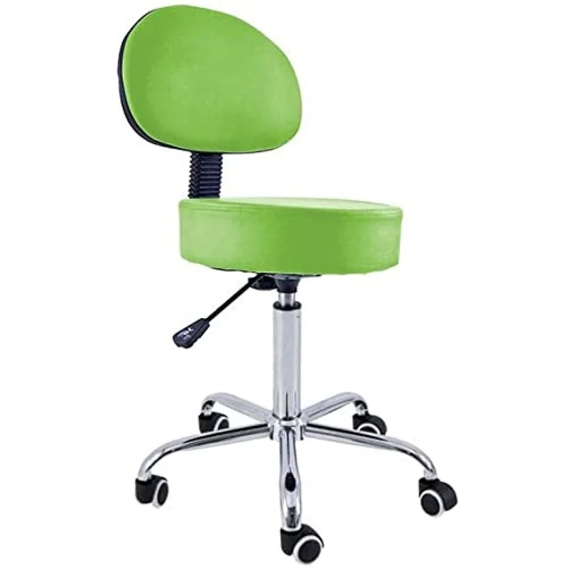 QUIRUMED Stool with Backrest, Chrome Base, 5 Wheels and Gas Lift, Pistachio Green, Metal Frame, Leatherette, High Density Filling, Adjustable Height, Up to 150 kg