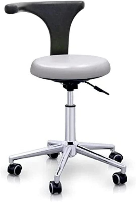 QUIRUMED Stool with Professional Ergonomic Backrest, Silver Colour, Stainless Steel Structure, Leatherette, Base with Wheels, Adjustable Seat Height, up to 120 kg