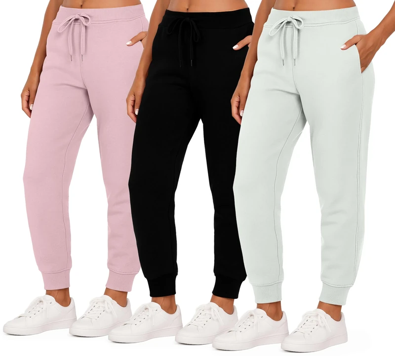 Real Essentials 3 Pack: Women’s Fleece Jogger Trousers Sweatpants Tracksuit Running Bottoms French Terry Running Sports Lounge Active Warm Sweat Jogging Track PantsAthletic Camo Pockets Set 8, M