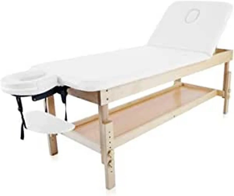Quirumed Wooden fixed table with folding back and tray, White, 186 x 70 cm, Wood, Leatherette, Adjustable Height, Armrest Tray, Face hole, Up to 180 kg