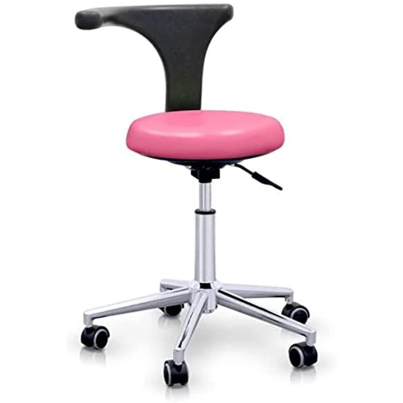 QUIRUMED Professional Ergonomic Backrest Stool, Pink, Stainless Steel Frame, Leatherette, Base with Wheels, Adjustable Seat in Height, Up to 120 kg