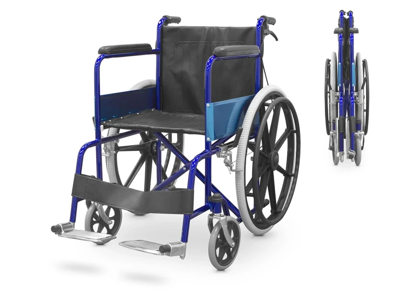 QUIRUMED Steel Folding Wheelchair, with Hand Brakes and Brake Levers, Folding Footrests, Easy Folding, Lightweight, for Elderly, for The Disabled