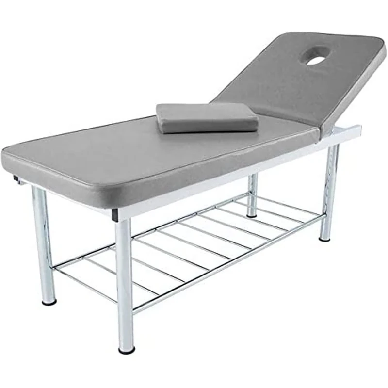 QUIRUMED Fixed Steel Frame Stretcher, Chrome finish, Reclining headrest, Silver colour, Reinforced frame, Leatherette, Face hole, Face cover, Up to 150 kg