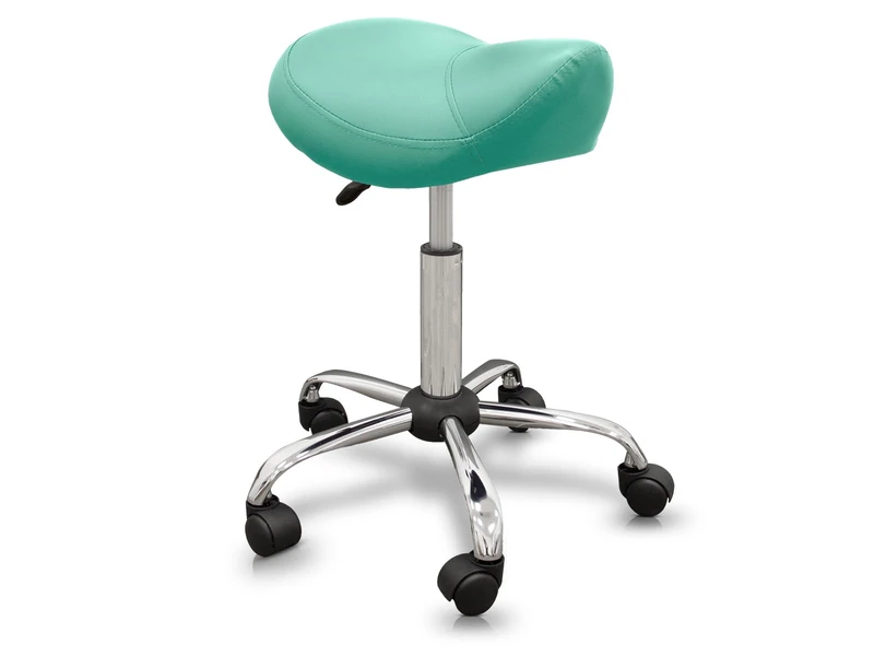 QUIRUMED Ergonomic Pony Stool with Steel Base, Green, Upholstered in Leatherette, Adjustable Height, Padded Seat, Swivel Wheels, Up to 150 kg