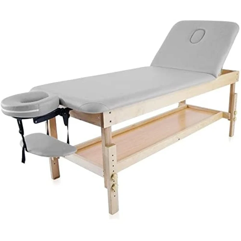 Quirumed Fixed wooden table with folding back and tray, Silver, 186 x 70 cm, Wood, Leatherette, Adjustable Height, Armrest Tray, Face hole, Up to 180 kg