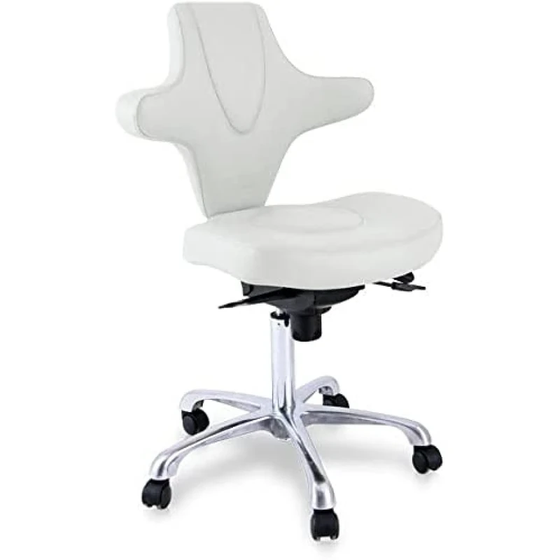 QUIRUMED Stool with Ergonomic Backrest and Attractive Design, Off White, Metal Frame, Leatherette, Adjustable Height, Back Tilt, Up to 150 kg