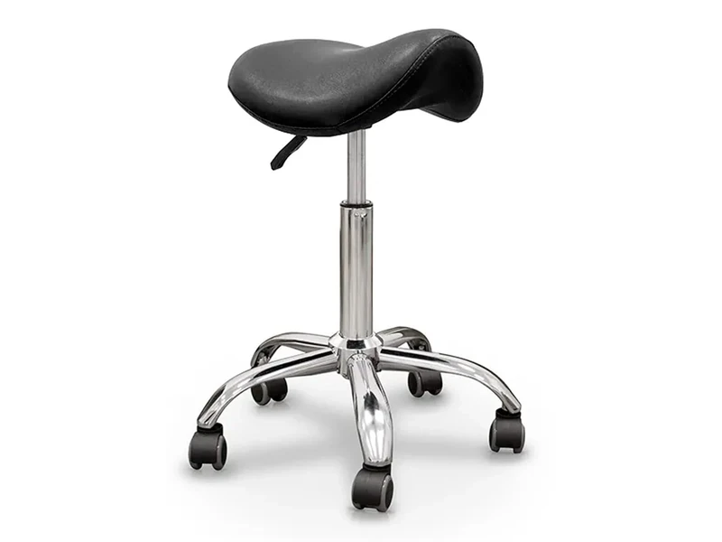 QUIRUMED Pony Stool, Chrome Base with 5 Wheels, Black, Ergonomic, Lightweight, Adjustable Height, High Density Filling, Leatherette, Up to 150 kg
