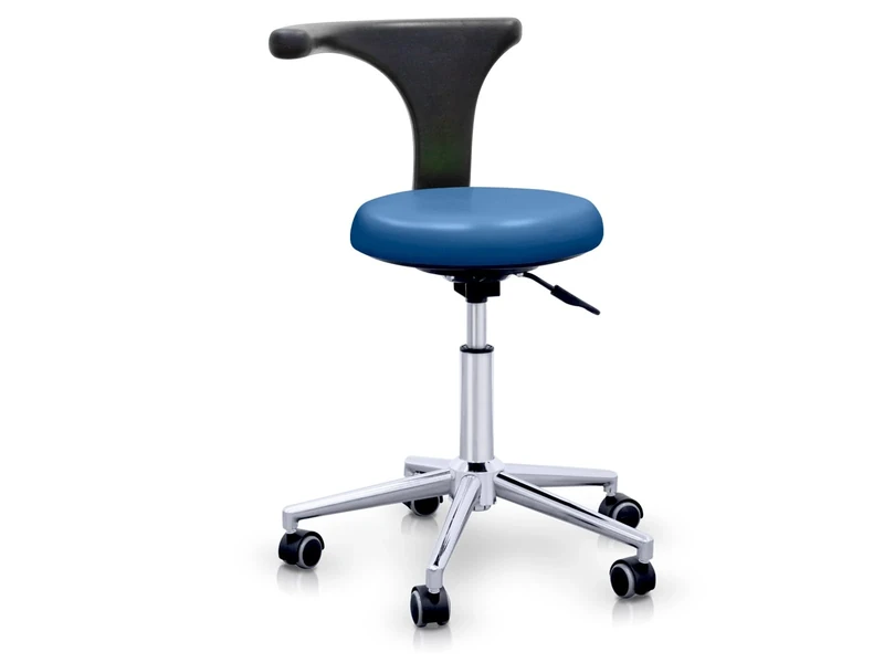 QUIRUMED Stool with Professional Ergonomic Backrest, Navy Blue, Stainless Steel Frame, Leatherette, Base with Wheels, Height Adjustable Seat, Up to 120 kg