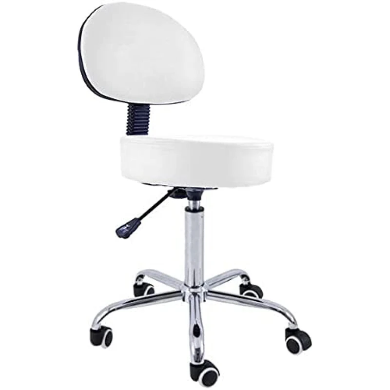 QUIRUMED Stool with Backrest, Chrome Base, 5 Wheels and White Gas Lift