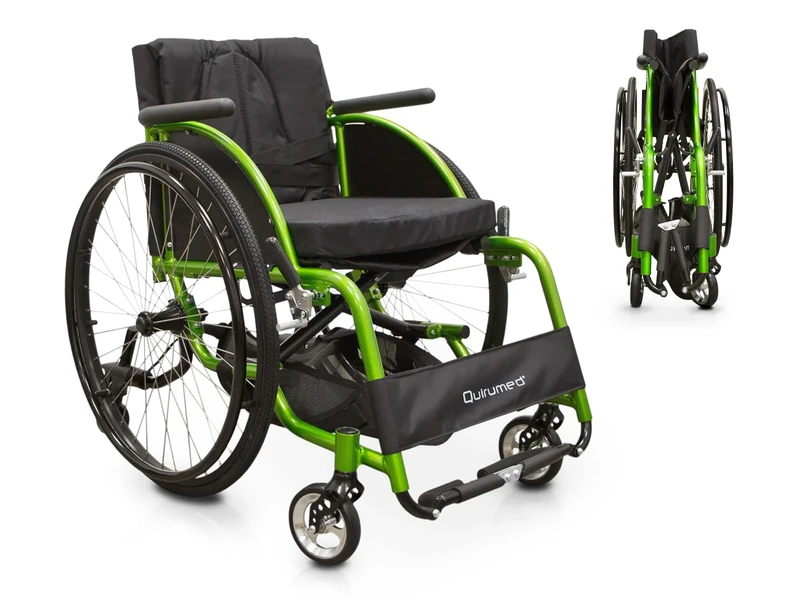 QUIRUMED Sports Wheelchair, Folding Aluminium, Padded Seat, Seat Belt, Quick Release, Manual Brake, Slide Pocket, 74 x 57 x 84 cm
