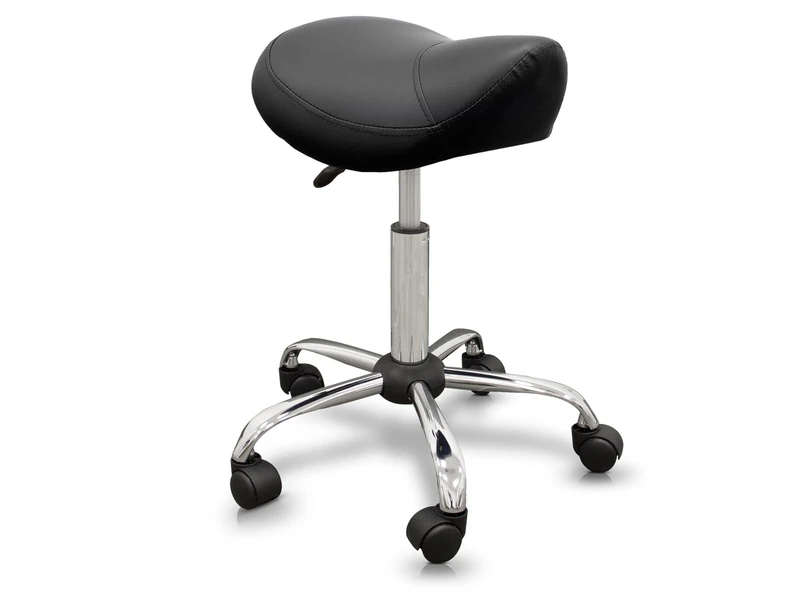 QUIRUMED Ergonomic Pony Stool with Steel Base, Black, Upholstered in Leatherette, Adjustable Height, Padded Seat, Swivel Wheels, Up to 150 kg
