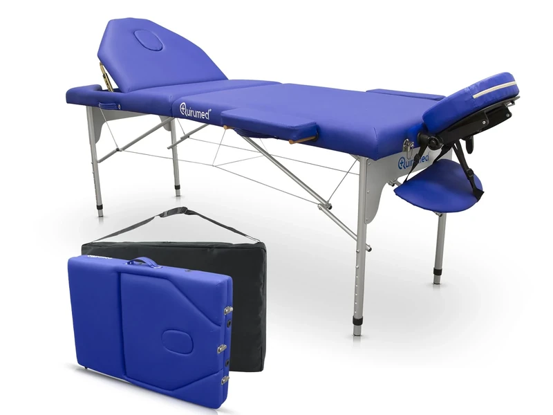 Quirumed Aluminium Folding Massage Table Pro, 186 x 66 cm, with Folding Backrest, Blue, Leatherette, Face Hole, Removable Headrest, Height adjustable, 2 Section, up to 150 kg