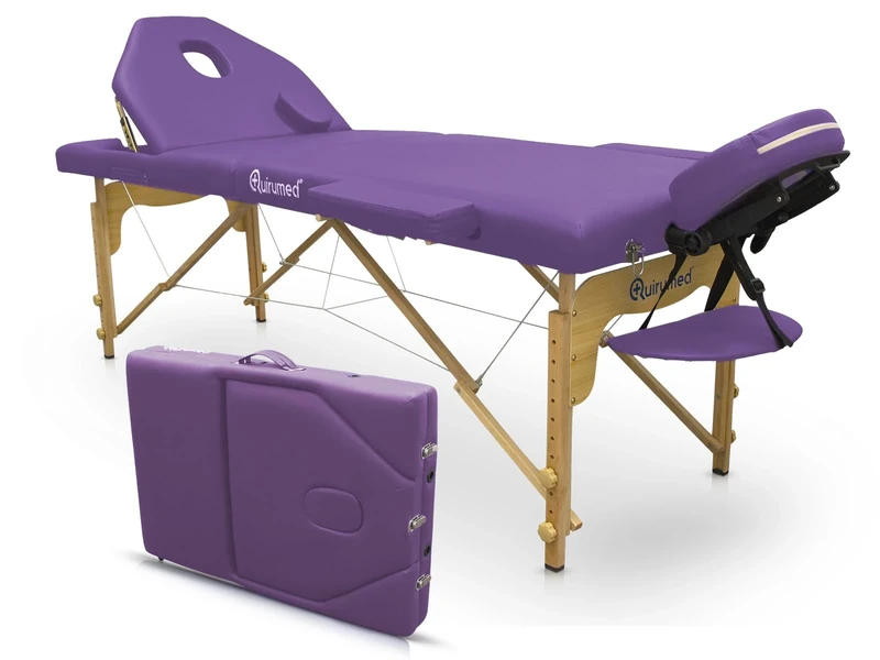 Quirumed Elite Wooden Folding Massage Table, Purple Color, 194 x 70 cm, Leatherette, Portable, Folding Backrest, Removable Head, Face Hole, Adjustable Height, Up to 150 kg