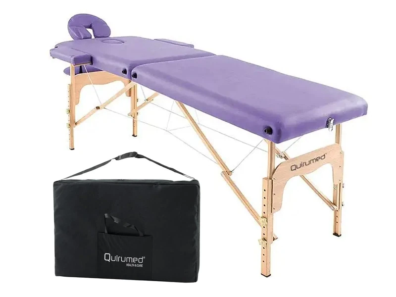 Quirumed Easy Wooden Folding Massage Table, Purple Color, 186 x 66 cm, Massage Table, Physiotherapy Massage, Leatherette, Articulated Head, Adjustable Height, 2 bodies