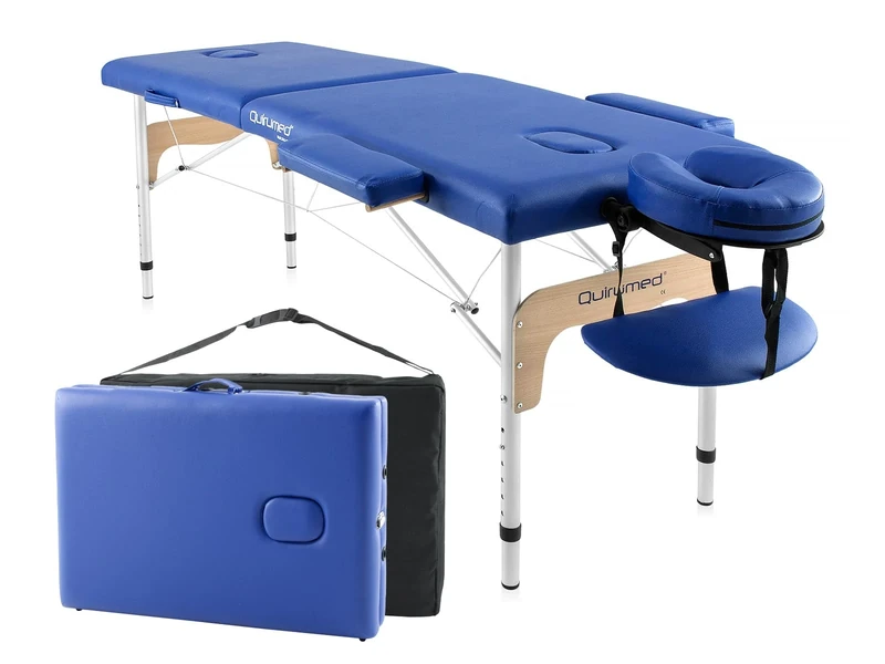 Quirumed - Easy Aluminium Folding Massage Table | Portable & Lightweight | Height Adjustable | Removable Headrest & Face Hole | High Resistance Leatherette | Up to 120 kg, Blue, Aluminium