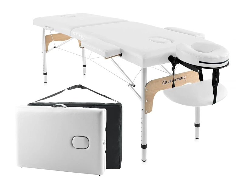 Quirumed Easy Aluminium Folding Massage Table, White, 180 x 60 cm, Leatherette, Portable, Lightweight, Removable Headrest, Face hole, Height adjustable, up to 120 kg.
