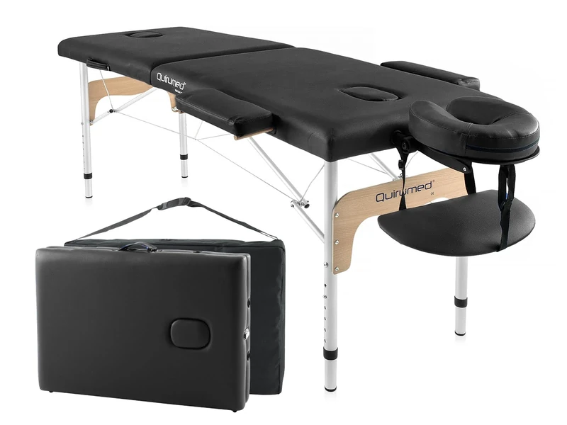 Quirumed Aluminium Folding Massage Table Easy, Black, 180 x 60 cm, Leatherette, Portable, Lightweight, Removable headrest, Face hole, Adjustable height, Up to 120 kg