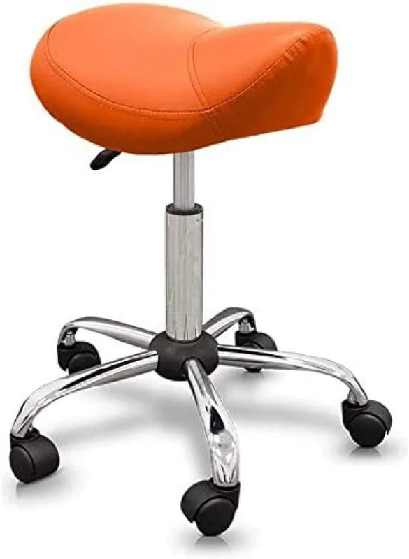 QUIRUMED Ergonomic Pony Stool with Steel Base, Orange, Upholstered in Leatherette, Adjustable Height, Padded Seat, Swivel Wheels, Up to 150 kg
