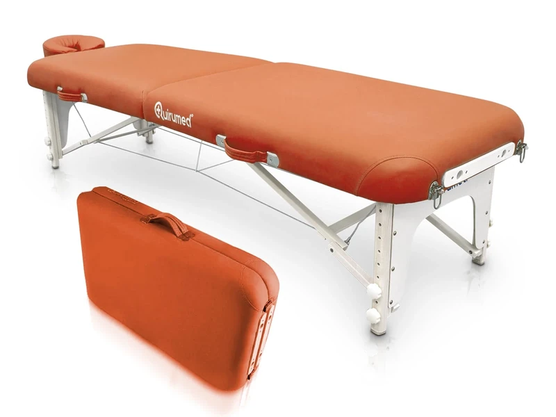 QUIRUMED Shiatsu Folding Table, Wood, 211 x 60 cm, Orange, Leatherette, Height Adjustable, Removable Head, Reinforced Structure, Up to 185 kg