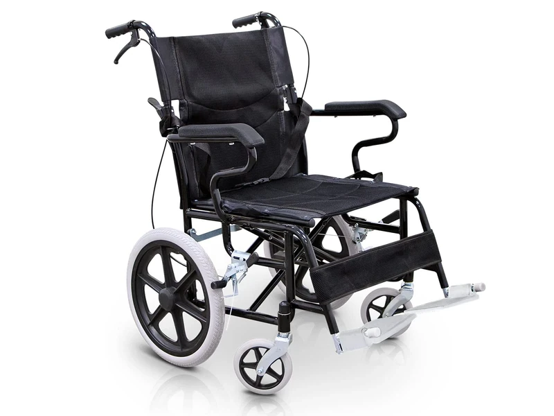 QUIRUMED Folding Wheelchair for Transport, Foldable and Removable footrests, Seat Belt, Brakes on Handles, Up to 120 kg