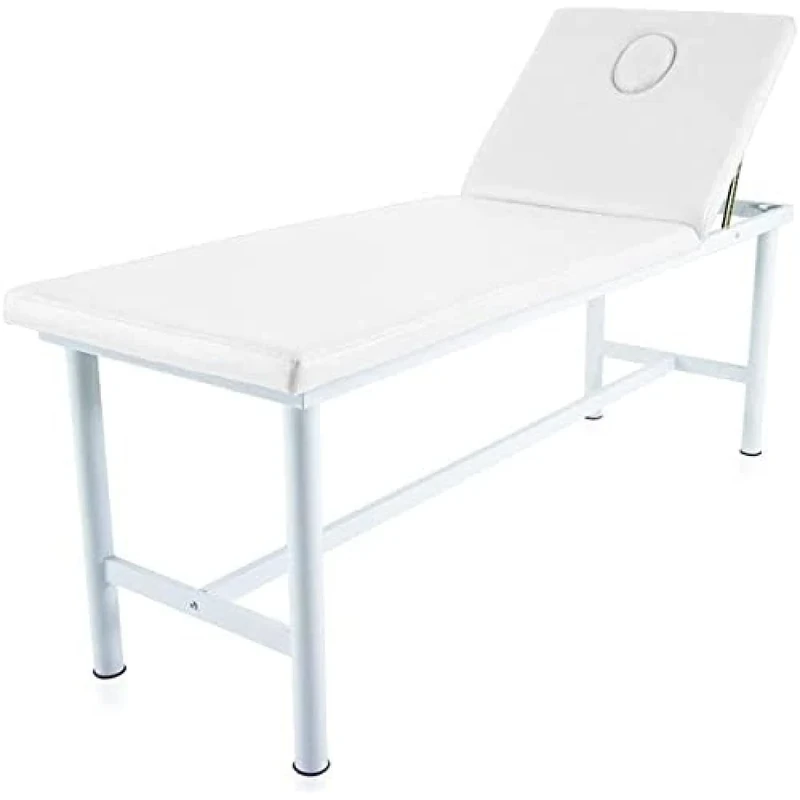 Quirumed Fixed Steel Massage Table, Leatherette, White, with Face Plug, Facial Hole, Adjustable Backrest, Lightweight, 186 x 62 x 69 cm, Up to 120 kg