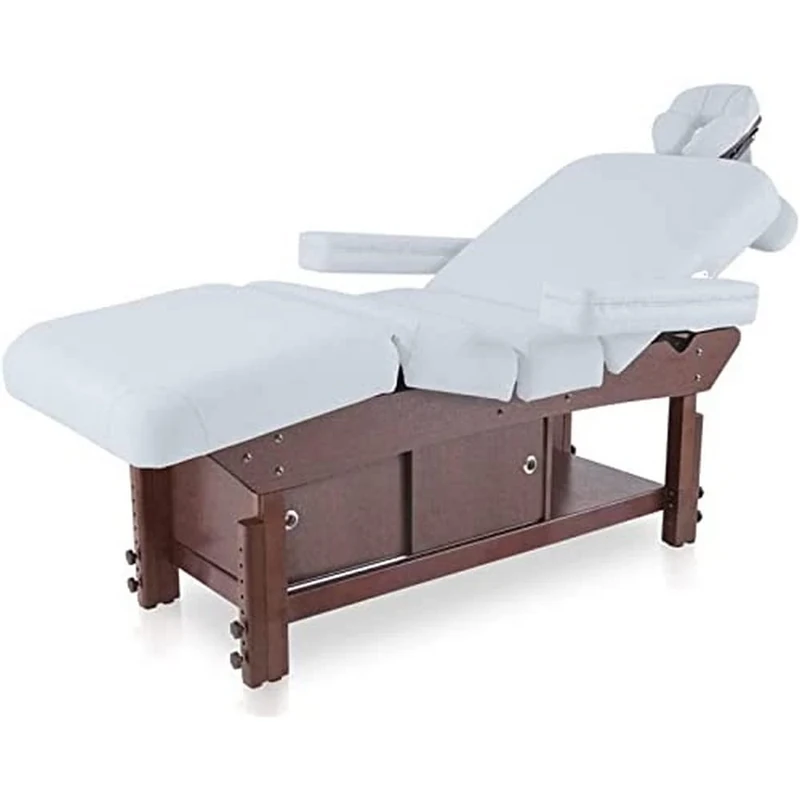QUIRUMED SPA Stretcher with Shelf and Sliding Doors, Off-White, Leatherette, Wooden Base, 210 x 69 cm, Adjustable Height, Removable Head and Arms, Multi-Position